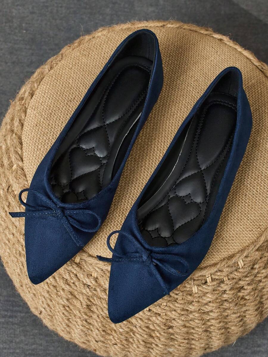 WHDXY Women's French Style Flat Shoes, Pointed Toe Bow Decor Slip-On Loafers, Vintage Black Casual Comfortable Flats - Navy Blue - View 1