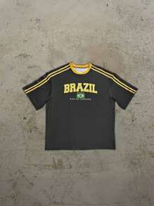 2025 Men's Solid Color Striped Fashionable Brazil Flag Graphic Short Sleeve Casual T-Shirt, Spring/Summer