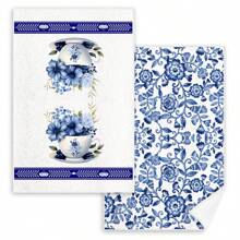 [2 Peças Toalhas de Cozinha de Porcelana Azul e Branca] Toalhas de Cozinha contemporâneas com Estampa de Porcelana Azul e Branca, Conjunto de Panos de Prato e Toalhas de Poliéster, Lavável em Máquina, Oblongo, Design Floral Cartoon, Tecido Tricotado, Secagem Rápida, Sem Fiapos - Perfeito para Lavar Louça e Decoração Doméstica