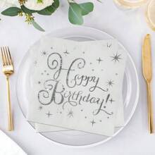 20pcs White Background Silver Foil Cocktail Napkins, Happy Birthday Decor, Folded Disposable Party Napkins, 2-Ply Paper Napkins, Suitable For Banquet, Party, Dinner