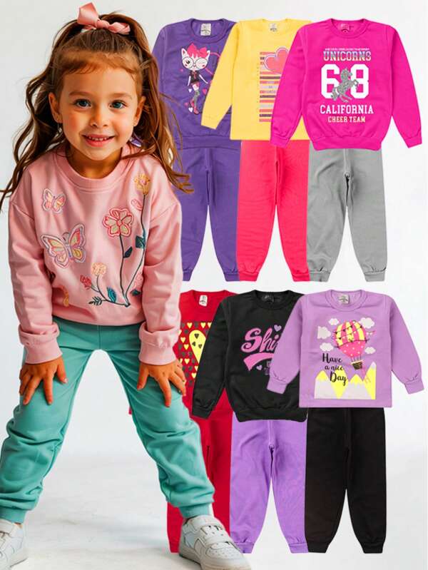 Kit 6 Peças Moletom Infantil Menina 1 ao 14 Inverno 3 Blusas + 3 Calças - Envio Imediato