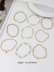 9 Stücke Mode CCB goldfarbene Perlenimitat Mehrschicht Elastik Armband Set mit Kreuz Anhänger, stapelbare Armbänder für Frauen, geeignet für Alltag, Urlaub, Party