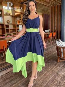 Bloco de cores  elegante  Casual  Festa    Assimétrico  Com cinto  Bainha com babado