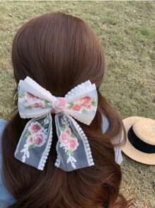 1pc Women's Embroidered Floral Ribbons Big Bow Hair Clip, French Lace Flower Hair Accessory