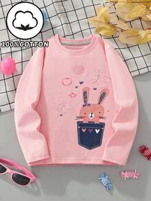 复活节小女孩长袖 T 恤，卡通兔子和花朵印花，秋季时尚休闲上衣