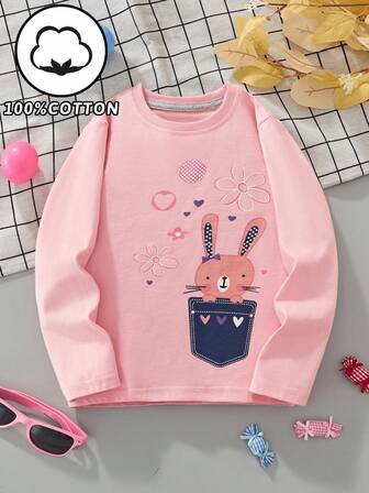 Påsk ung flicka långärmad T-shirt, tecknat kanin- och blommönster, fashionabla casual toppar för hösten