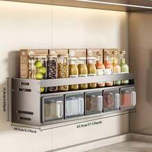 1-Piece Wall-Mounted Spice Rack-Aluminum-Magnesium Alloy, Rust-Proof, Load-Free, Non-Perforated Installation, Includes Kitchen Spice Containers And Storage Boxes - Grey - View 9