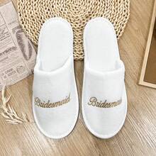 Women Bridesmaid Embroidered Logo Full Cover White Coral Fleece 28cm Length Slippers, 6mm Thick Comfortable EVA Sole, Disposable Wedding Supplies - All Inclusive Bridemaid - View 8