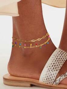 波西米亚风彩色流苏不锈钢沙滩脚链，18K 镀金防褪色防水双层链脚链，海滩度假珠宝配饰，送给母亲/挚友的完美礼物 - 不銹鋼 - 查看 1