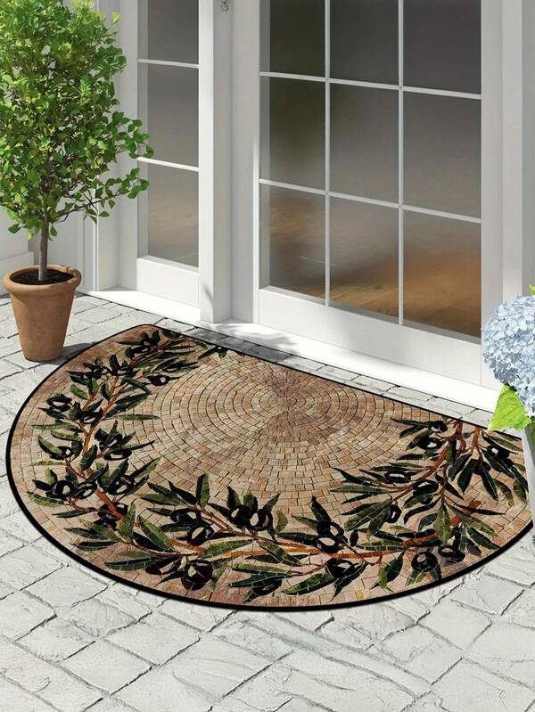 1 قطعة حصيرة مدخل شبه دائرية فاخرة، ظهر نجمي، تصميم نباتي أخضر حجري، حصيرة ترحيب داخلية شبه دائرية - 100% بوليستر مخمل بلوري، مقاوم للغبار والخدش، تصميم فسيفساء لامع، مناسب لديكور الغرفة
