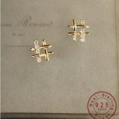 1 Pair Women 925 Sterling Silver 14K Gold Plated Cross Stud Earrings, Minimalist Stylish Everyday Wear