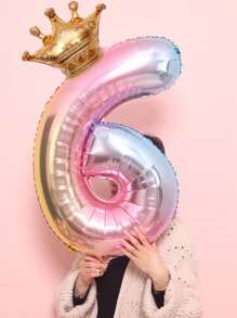 1pc 32-Inch Foil Gradient Number Crown Shape Balloon, Birthday Party Decoration, Baby Shower, Wedding Anniversary, Theme Party Decoration, Children's Birthday Decor Balloon