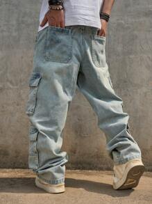 Jeans cargo para hombres con múltiples bolsillos y efecto desgastado, pantalones rectos informales
