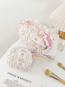 1 Piece Quilted Floral Make Up Organizer Travel Bow Knot Pattern Cosmetic Bag Set Large Capacity Cosmetic Organizer Portable Handle Cosmetic Bag Ruffle Bow Toiletry Organizer Travel Print Floral Pattern Drawstring Bucket Make Up Bag Beauty Tool Storage Cosmetic Organizer For Wedding Gift ,Bridesmaid Gift ,Valetntines Day Gifts - Multicolor - View 12