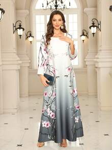 V-Neck Robe, Regular Fit, All-Over Print, Ultra Soft 75D 4-Way Stretch Fabric, Regular Sleeves, Sparkling High-Density Rhinestone Embellishment, Beaded Chest Detail, Luxurious & Elegant Ladies' Arabic Jalabiya Long Robe Dress, Modest