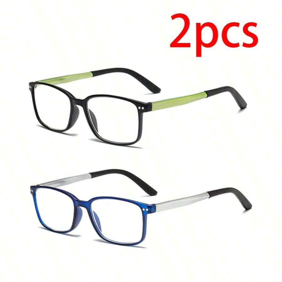 2 Pairs Lightweight & Fashionable Blue Light Blocking Readers, Rivets Contrast Color Legs Unisex Reading Glasses - Black Green Frame 1P+Blue Silver Frame 1P - View 1