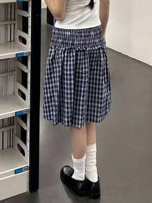 全新蓝色条纹夏季半身裙，宽松A字学院风女式半身裙 - 藍色條紋 - 查看 4