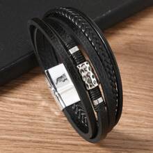 1pc Vintage PU Leather Braided Bead Magnetic Clasp Men's Bracelet, Beaded Pattern Decor, Suitable For Daily Wear, Holiday Gift