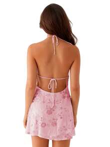 Y2k Sequin Beaded Halter Mini Dress For Women Sexy Sparkle Tie Up Backless Bodycon Dress Summer Floral Embellished Rhinestone Sexy Dresses Clubwear Cocktail Party Streetwear Aesthetic Clothes - 粉色 - 查看 7
