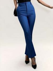 Women's Tailored Flare Pants With Fake Pockets At The Back - Blue - View 1