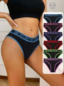 6 件套撞色字母印花松紧腰带女士内裤，柔软透气三角内裤 - 彩色 - 查看 2