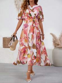 Women's Romantic Bohemian Floral Print Long Dress, Ruffle Sleeve/Small V-Neck/A-Line, Spring/Summer - Color - View 4