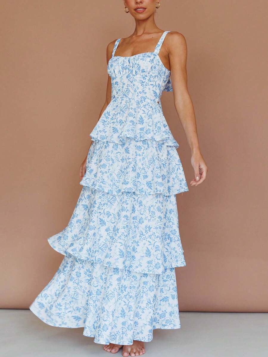 Women Boho Floral Maxi Dress Y2k Spaghetti Strap Square Neck Backless Ruffle Flowy Long Dresses Tiered Sleeveless Tie Up Dress Summer Wedding Guest Sundress Going Out Beachwear - 藍色 - 查看 1