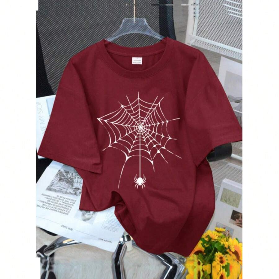 Men's Casual T-Shirt With Spider Web Graphic Print, Round Neck, Short Sleeves, Lightweight And Comfortable, Ideal For Daily Summer Wear - Màu Tím - Xem 1
