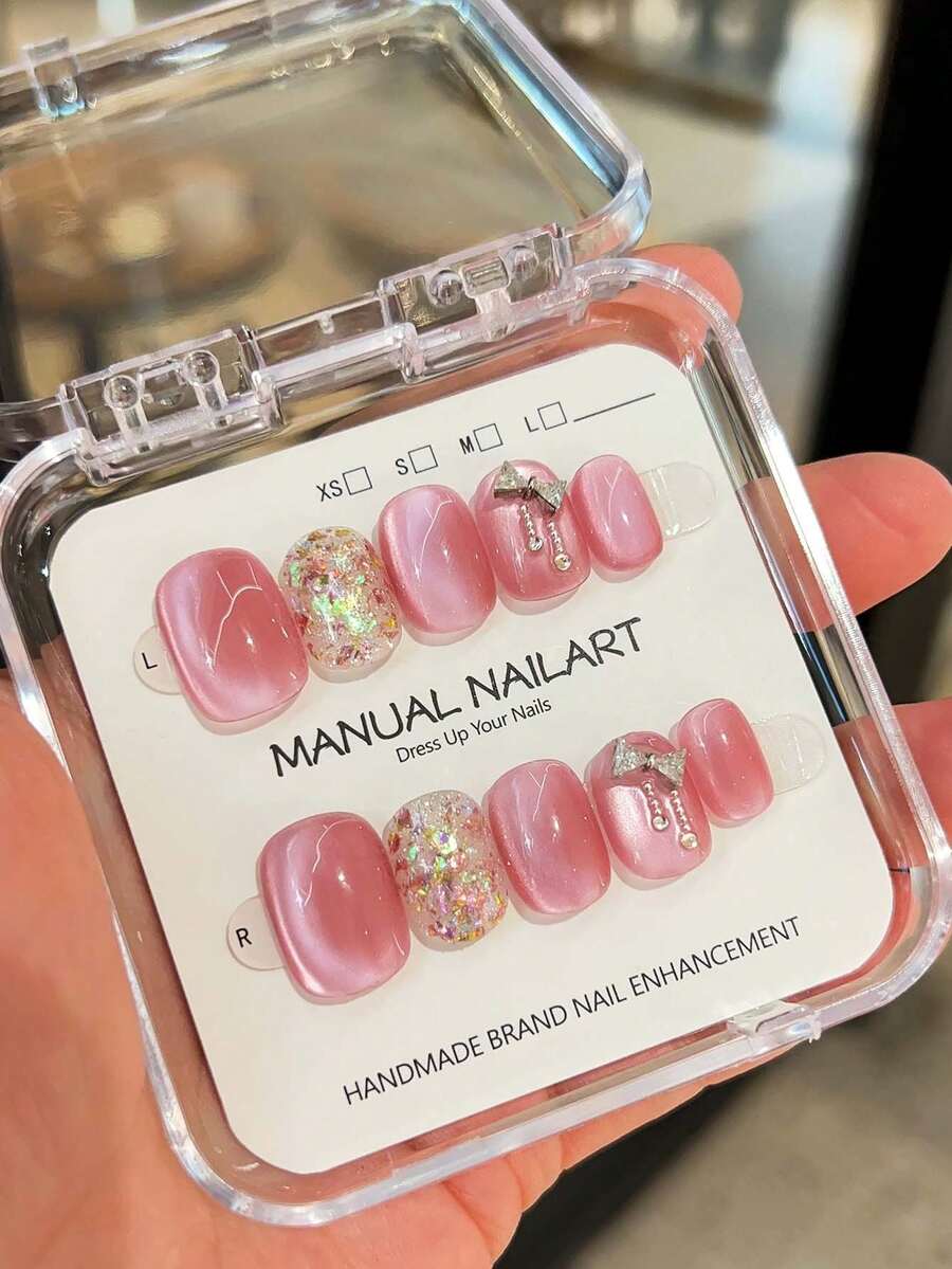 10 件优质手工可穿戴粉色猫眼水钻 3D 蝴蝶可爱个性化精致美甲可拆卸美甲 - 粉色 - 查看 1