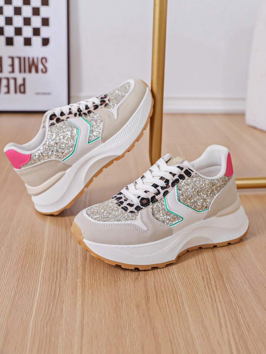 Sequin Patchwork Animal Print Patchwork Women's Sneakers, Platform Sneakers - Multicolor - View 1