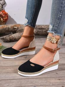 Sandalias de plataforma con punta cerrada, correa con hebilla, estilo de zapatos de pescador tejidos con cuerda de cáñamo para mujeres de talla grande, nueva temporada de primavera/otoño - Negro - Ver 2