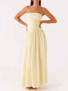 Women Strapless Drop Waist Maxi Dress Y2k Long Floral Tube Dress Flowy A Line Off Shoulder Cocktail Dresses Backless Pleated Going Out Long Dress - 黃色 - 查看 3