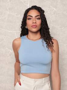 Kit 3 Cropped Women's Tank Top Plain Basic Suplex With Lining - Black\White\Blue - View 4