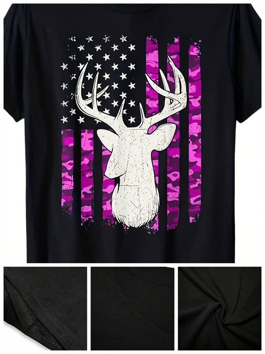 Camiseta gráfica de manga corta con cuello redondo y algodón de 180 g para mujer, color negro, con bandera estadounidense de camuflaje rosa y estampado de cabeza de ciervo para uso informal - Negro - Ver 1