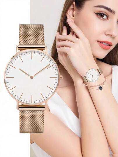 1pc Ladies' Quartz Wristwatch Mesh Strap Round Pointer Stainless Steel Strap,Ultra Thin Dial able Quality Jewelry Rose Goud Horloge Travel As Students Returning To School