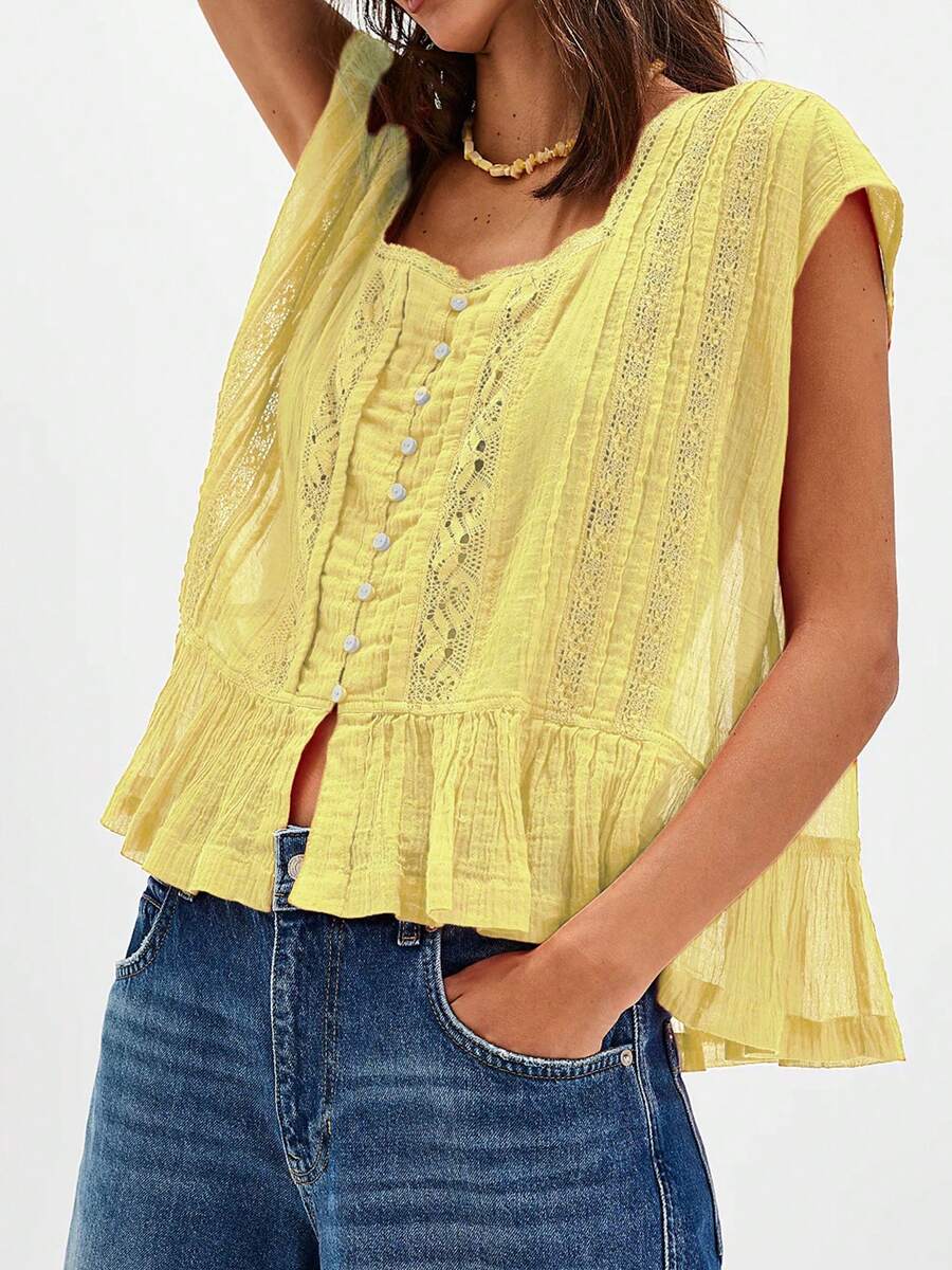 Women Summer Boho Tie Front Lace Trim Tank Tops Y2k Flowy Frilly Chiffon Vest Beach Button Ruffle Eyelet Tank Tops - Yellow - View 1