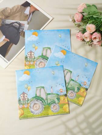 40pcs 33*33cm/12.99*12.99in Party Disposable Napkin Paper, Blue Sky White Cloud Farm Tractor Pattern, Suitable For Various Theme Parties And Daily Use