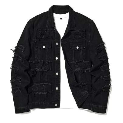 Men'S Ripped Denim Jacket Slim Fit Jean Outerwear Streetwear Casual Coat
