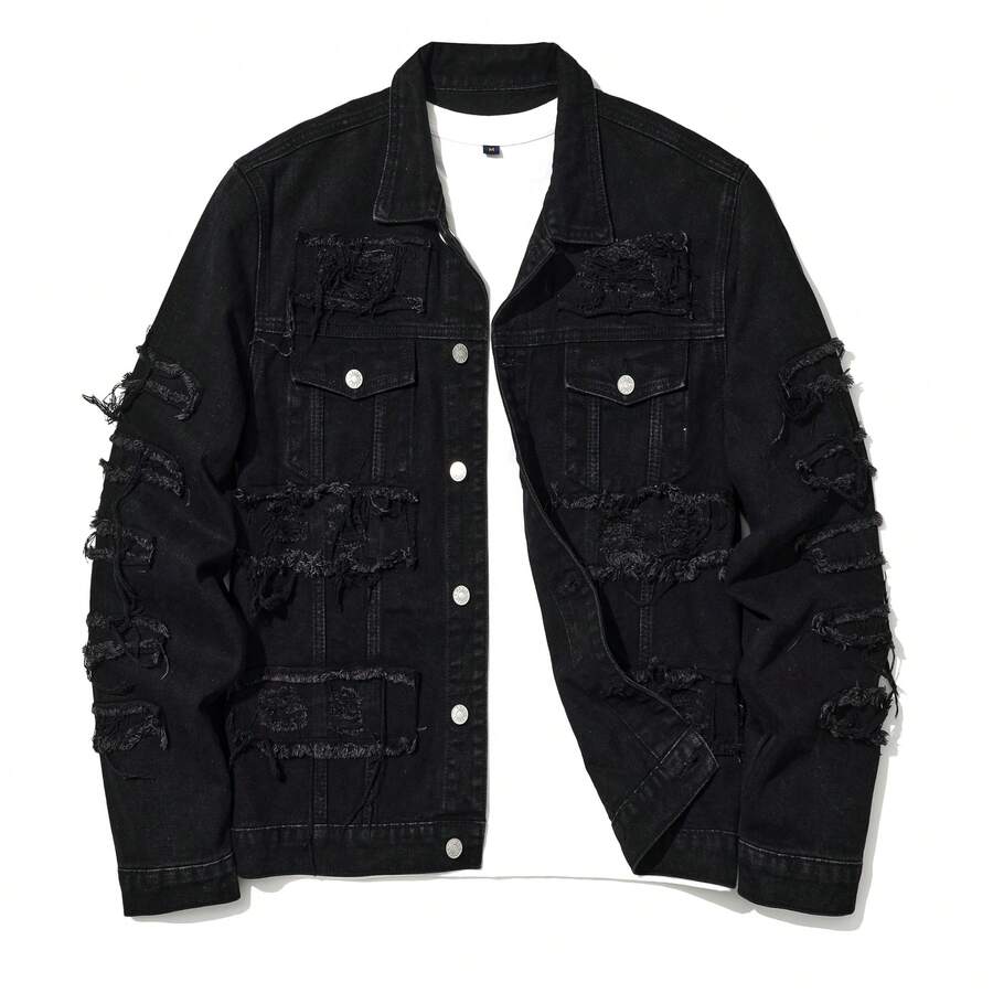 Men'S Ripped Denim Jacket Slim Fit Jean Outerwear Streetwear Casual Coat - màu đen - Xem 1