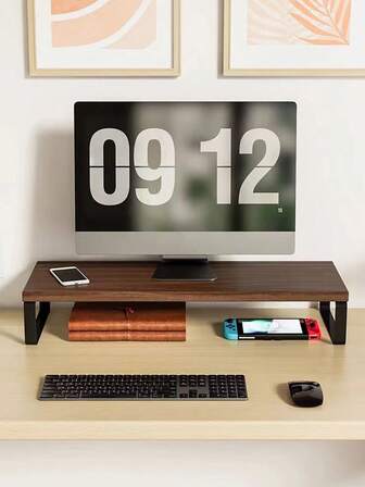 1pc Computer Monitor Riser, Simple Assembly, Iron Legs & Wooden Top, Display Stand Holder, Desk Organizer Shelf