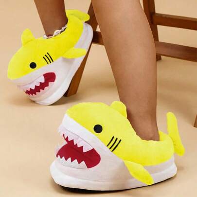 Autumn/Winter, Spring Festival New Cartoon Cotton Slippers, Halloween, Christmas Gift, Women Cute Plush Warm Comfortable Lightweight Non-Slip Thick Sole Home Party Couple Soft Cute Funny Yellow Shark Back Enclosed Indoor Warm Winter Shoes