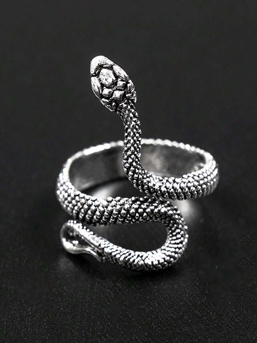 1pc Vintage Punk Exaggerated Snake Design Adjustable Open Ring Unisex Fashion Jewelry Accessory - Antique Silver - View 1