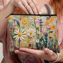 1pc Retro Daisy Floral Print Cosmetic Bag, Multifunctional Travel Pouch For Storing Toiletries, Makeup And Essentials, Vibrant Daisy Background With Colorful Flowers, Polyester Material, Great For Travel, Holiday, Business, Gym And Camping Beach Bag,Toiletry Bag Back To School - Multicolor - View 2