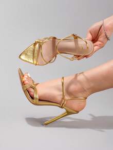 Giày sandal cao gót màu vàng ánh kim dành cho nữ, kiểu dáng thanh lịch và gợi cảm, mũi nhọn, thích hợp cho các buổi tiệc tối trang trọng, phù hợp với trang phục mùa xuân hè. - Vàng - Xem 9