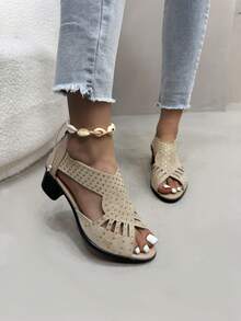 2025 New Summer Low Block Heel Sandals For Girl, Rhinestone Hollow Rearside Zipper Convenient Open-Toe Beach Wear Boho Style Slippers, Multiple Colors Available - Beige - View 2