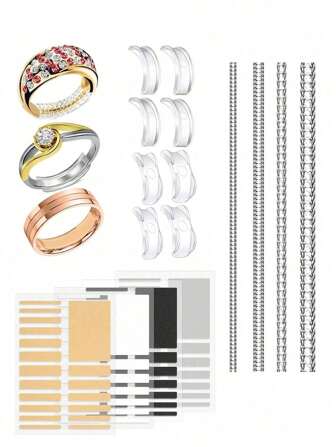 16 pièces/1 set Ensemble de luxe d'anneaux de réglage en résine pour fines bagues, bobine élastique transparente en plastique pour resserrer ou desserrer, ensemble de réajustement de la taille de la bague - protecteurs de serrage en silicone, réducteur de taille de bague