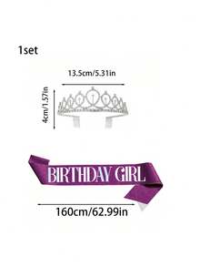 1Set Rhinestone Crown And Shoulder Strap Birthday Decor, 2pcs Women Birthday Crown And Sash - Purple - View 6