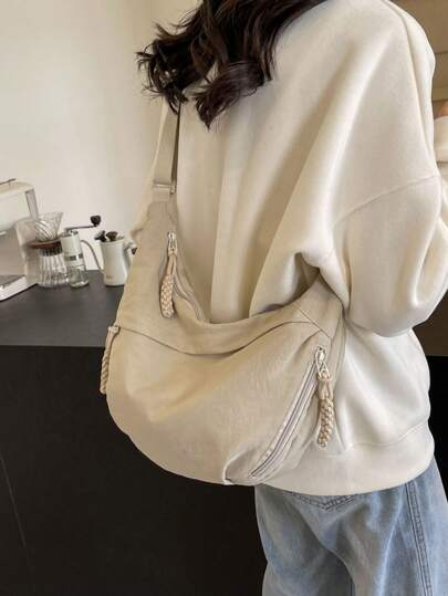 lulu kewen Fashionable Color Nylon Waterproof Shoulder Bag With Simple & Casual College Style, Wide Strap, Multiple Zipper Design Suitable For Students, Shopping, Daily Use, Shoulder Bag For School