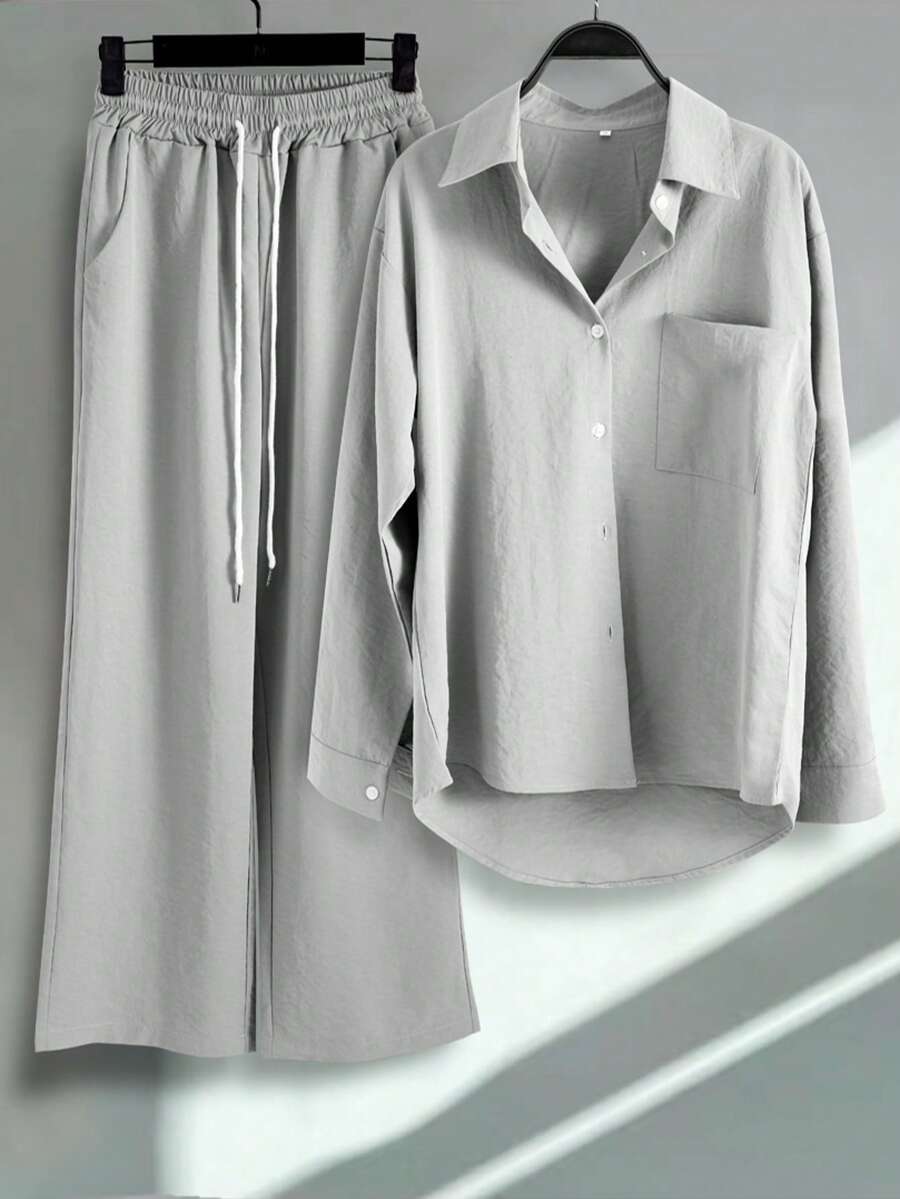Plus Size Women 2 Pieces Set - Button Up Shirt And Drawstring Pants - Light Grey - View 1