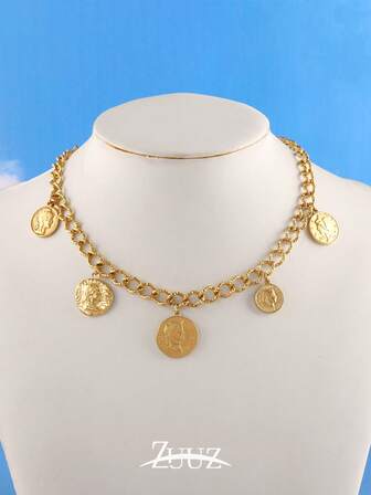 1 st. trendigt vintage halsband i rostfritt stål med mynthänge, halsband med flera mynthängen för kvinnor, smycken, present till bästa vän